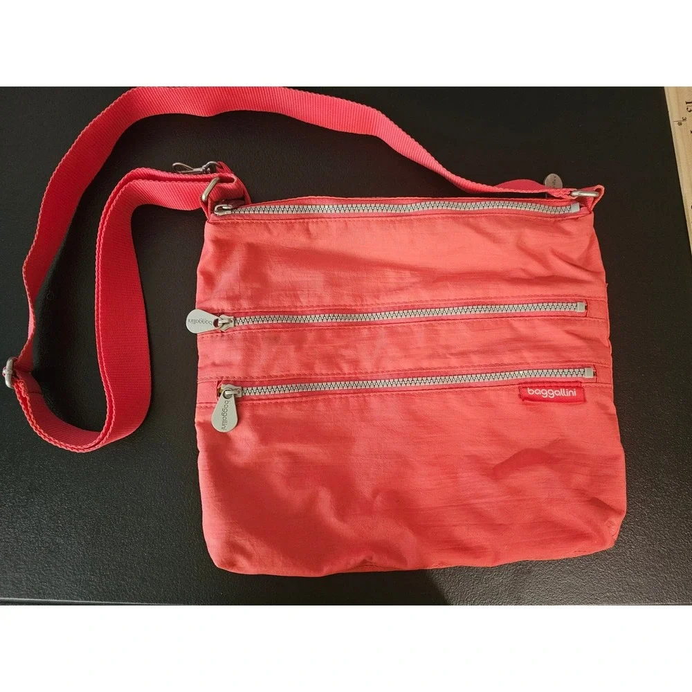Baggallini RFID Crossbody Bag Coral Pink Triple Zip Nylon Travel Purse #st09